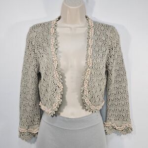 Vintage Y2K Express Crochet Bolero Cardigan M Gray Glitter Ruffle Trim Romantic